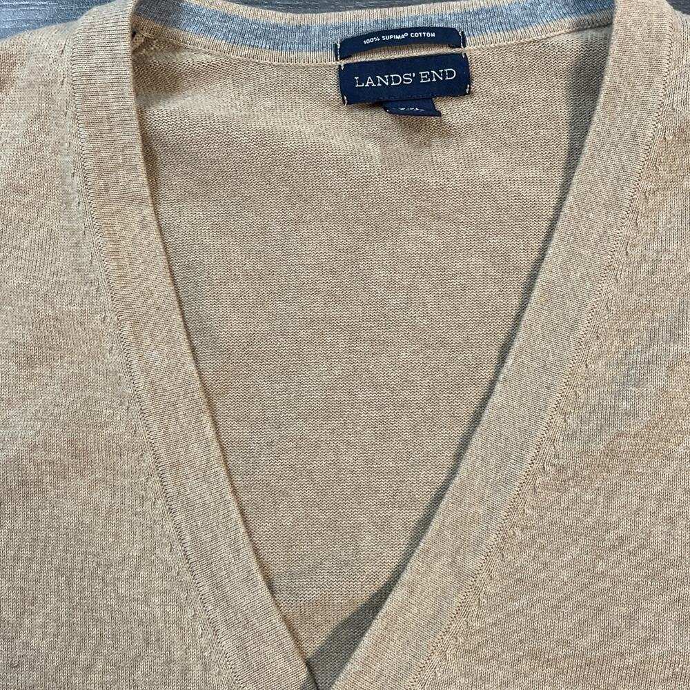 Lands End Cardigan Tan Grandpa V Neck Fine Gauge Cotton‎ Sweater Minimalist 2XL - Picture 2 of 12